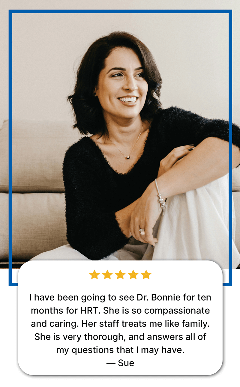 A smiling woman looking off to the side, with a five-star review from 'Sue' that praises 'Dr. Bonnie' and her staff for 'HRT' (Hormone Replacement Therapy) and providing compassionate care. This suggests services related to hormone therapy for women, potentially in areas like Colleyville, Fort Worth, or Southlake.